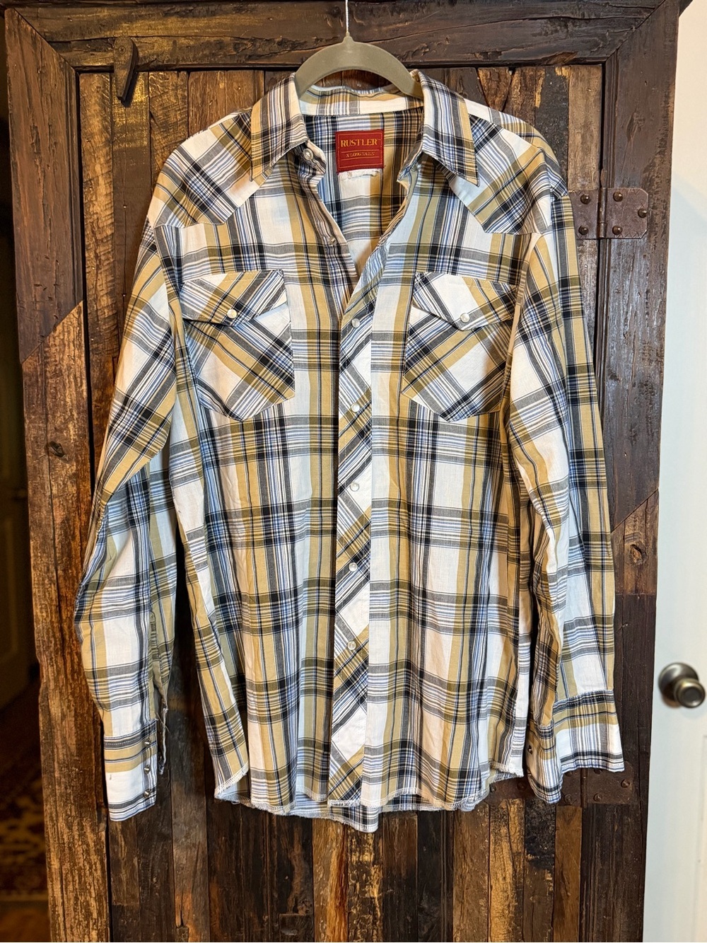 Vintage Rustler Western Pearl Snap Shirt Plaid Cowboy X-Long Tails Men’s M